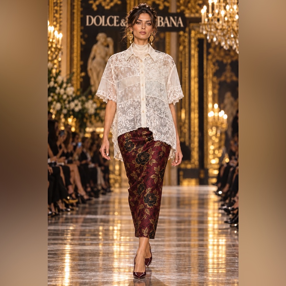 DOLCE & GABBANA Runway Lace Patchwork Blouse Beige Shirt 42/ US 6